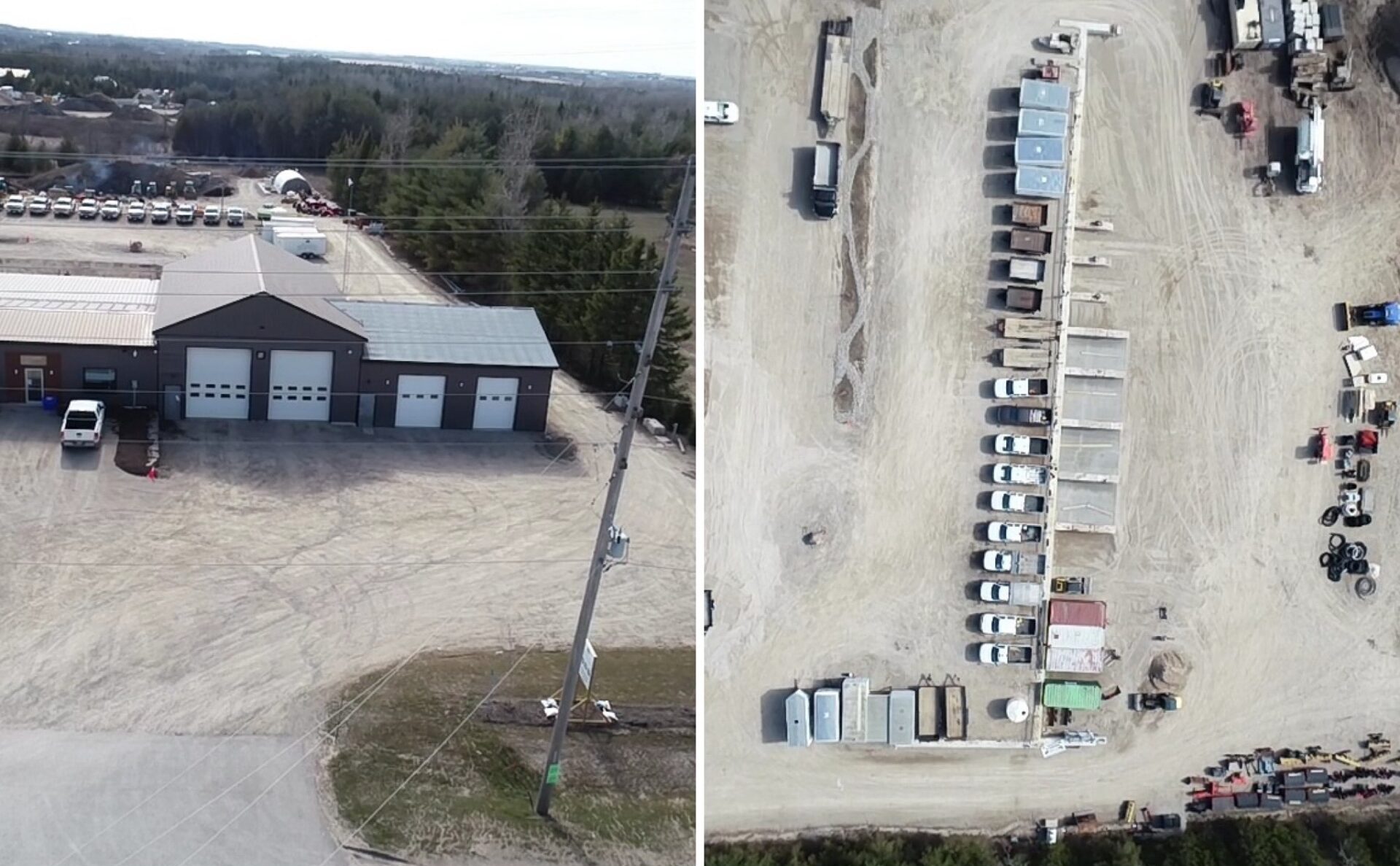 Industrial facility with multiple vehicles, containers, buildings, and outdoor equipment. Surrounded by forested area and open sky. No recognizable landmarks or historical buildings.