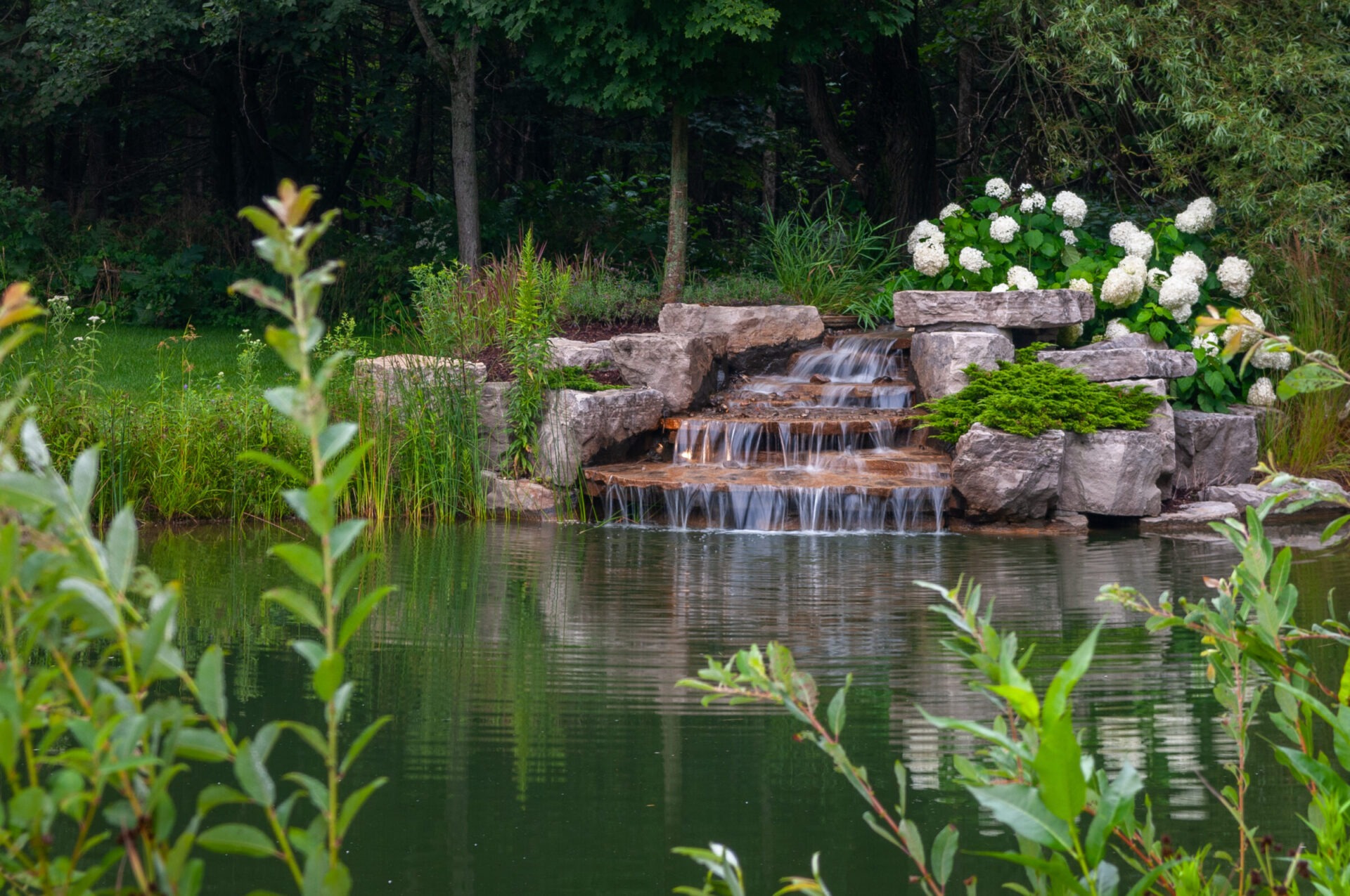 A serene garden features a small waterfall cascading over rocks into a pond, surrounded by lush greenery and blooming white flowers.