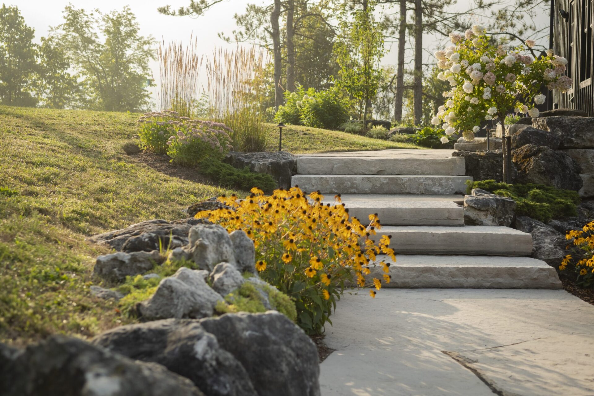 Stone steps lead through a landscaped garden with bright yellow flowers, lush greenery, and tall trees in the background on a sunny day.