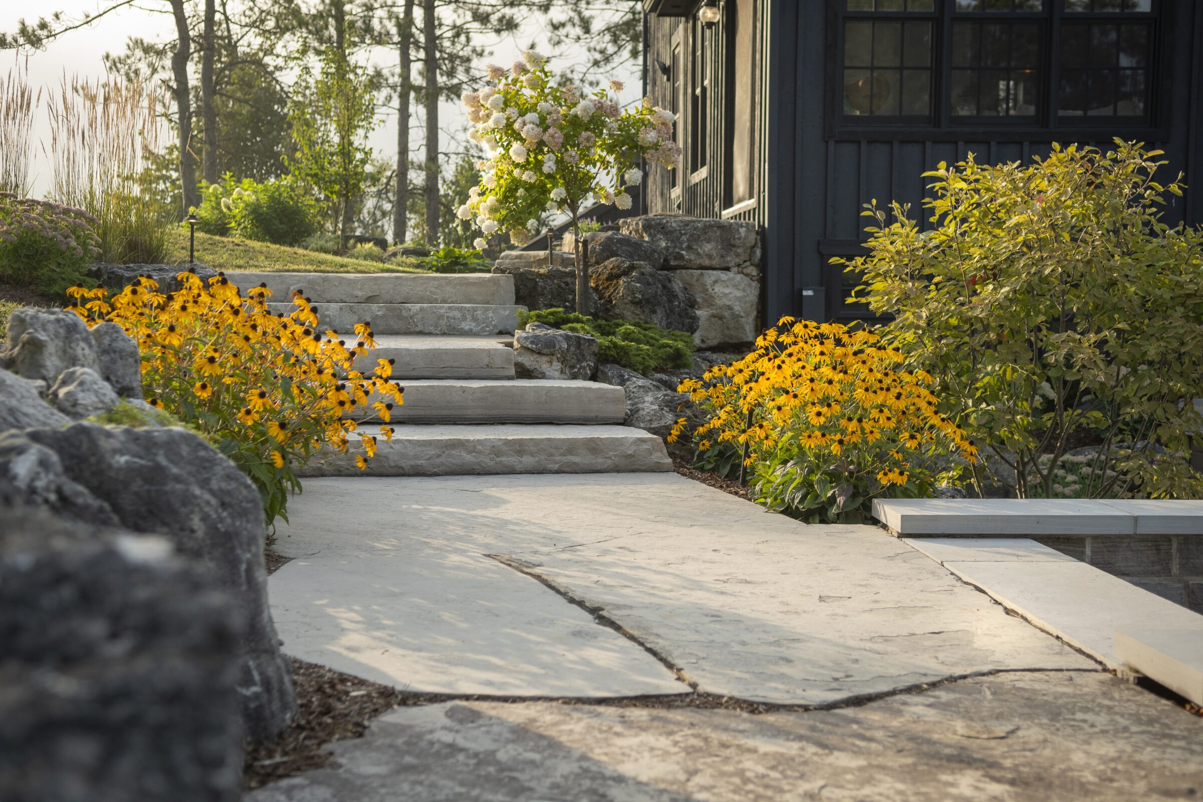 Stone steps lead through a garden with yellow flowers, shrubs, and trees, adjacent to a dark building under soft daylight.