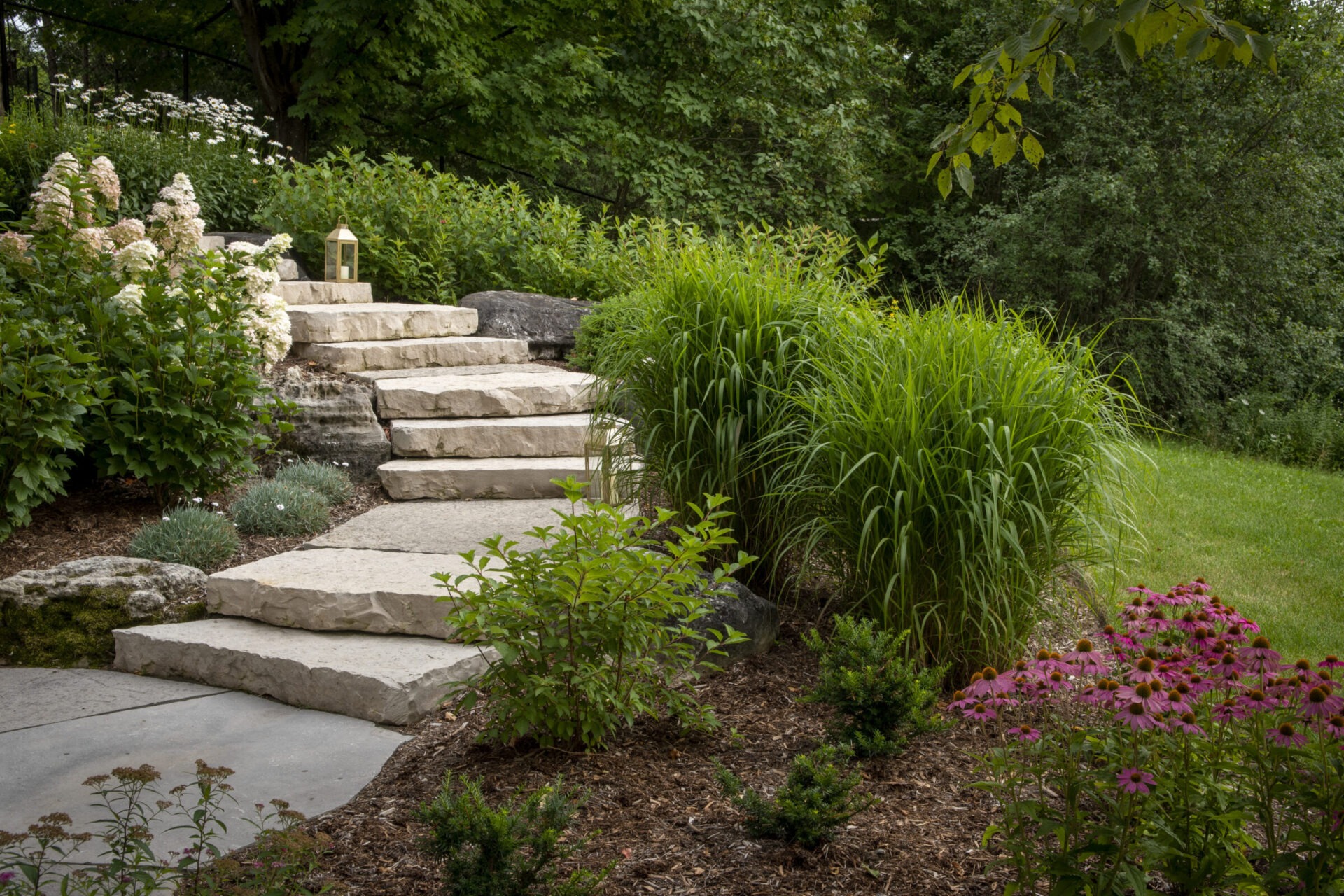Stone steps lead through a lush garden with varied greenery and colorful flowers, framed by dense trees and shrubs, creating a tranquil scene.