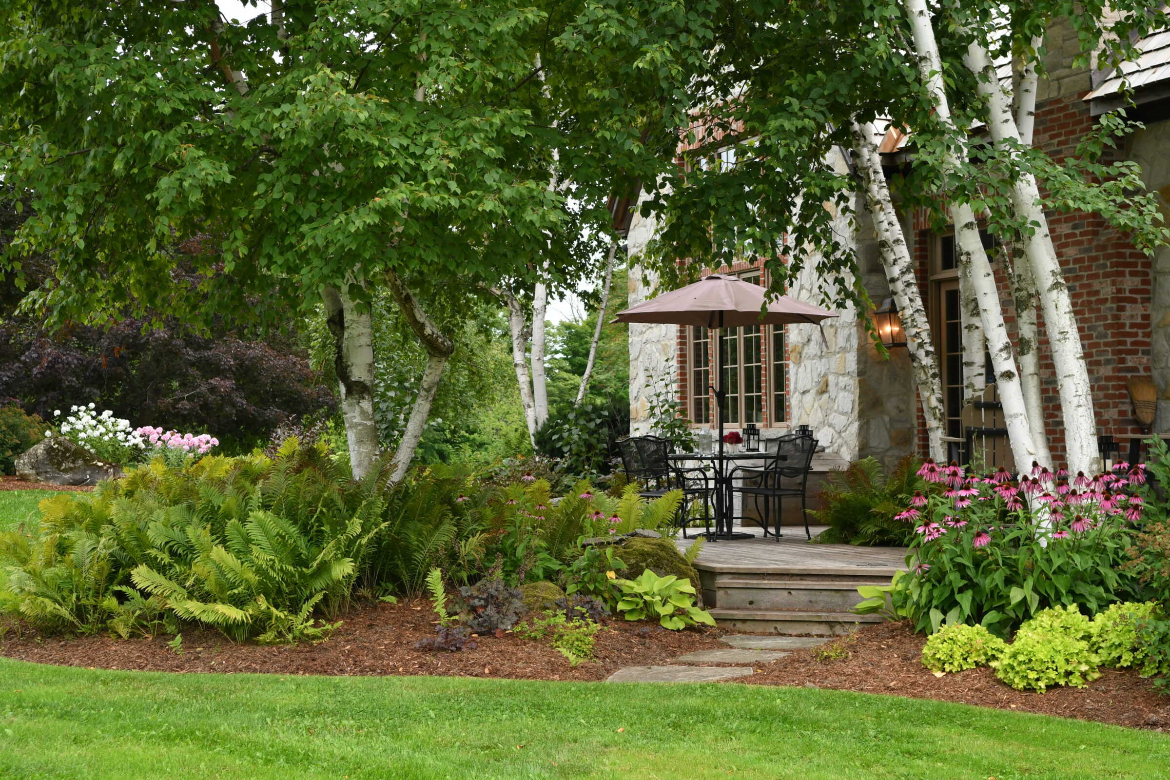 A serene patio with a table and chairs, surrounded by lush greenery and flowers, under the shade of birch trees.
