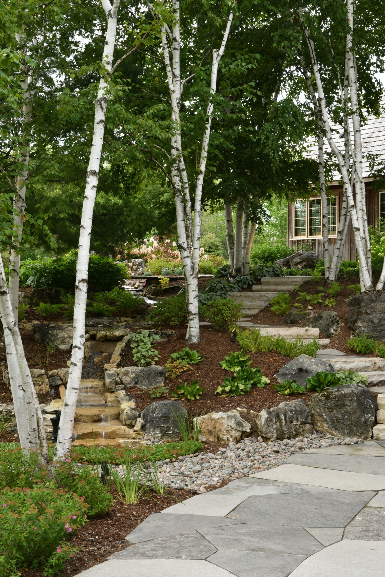 A serene garden with birch trees, stone path, and cascading waterfall. Lush greenery surrounds a rustic building partially visible in the background.