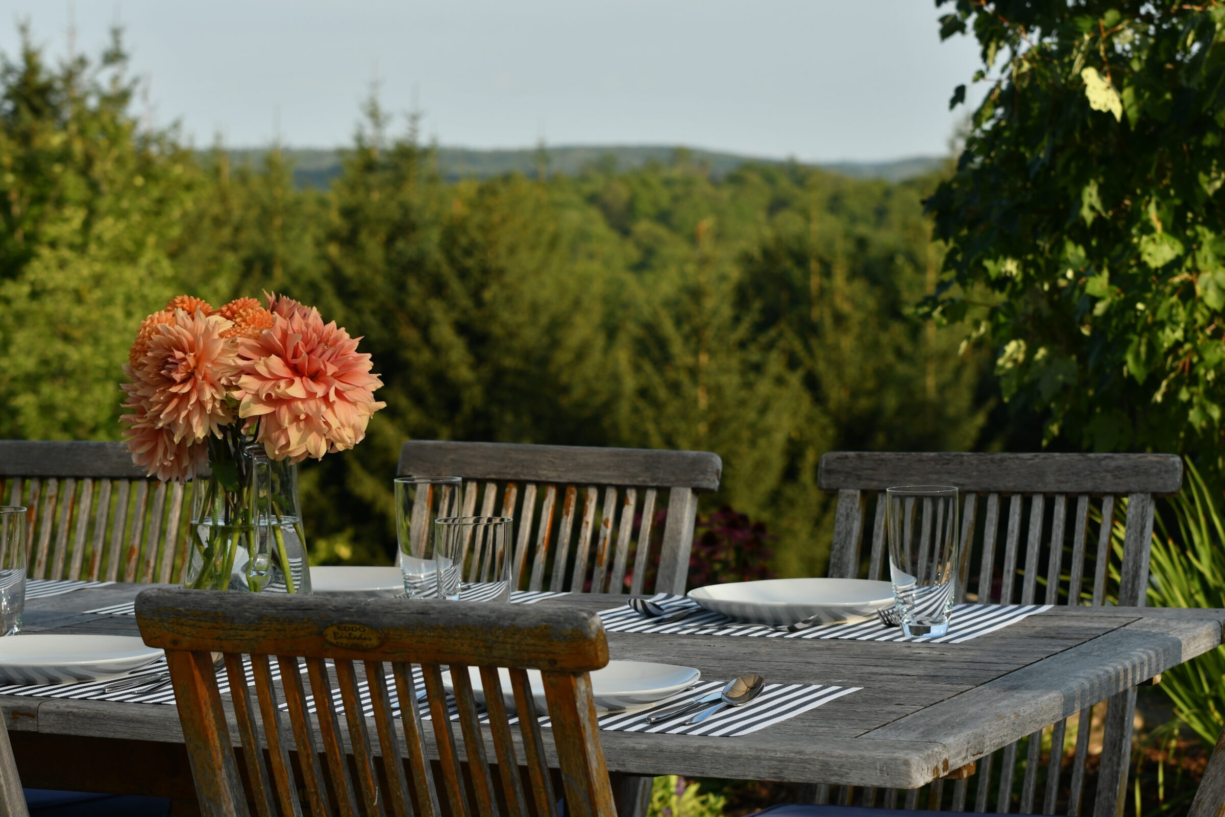 Outdoor dining setup with wooden chairs and table, featuring flowers in a vase. Scenic green landscape in the background. Peaceful and inviting.