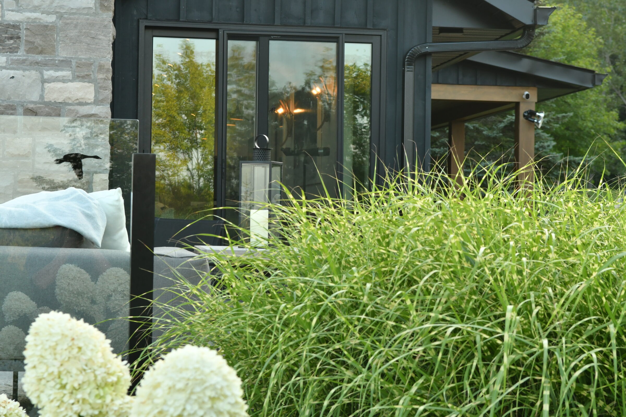 A modern house with large glass doors opens to lush greenery and blooming white flowers, creating a serene outdoor setting.