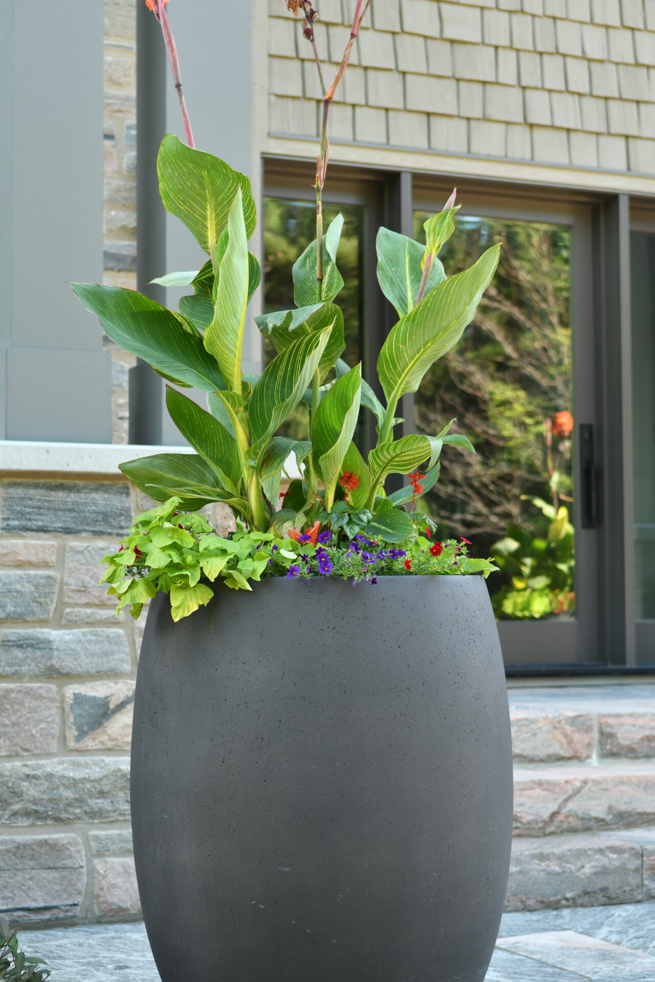 Large, round planter with lush green leaves and colorful flowers against a textured stone wall and window background. No identifiable landmarks present.