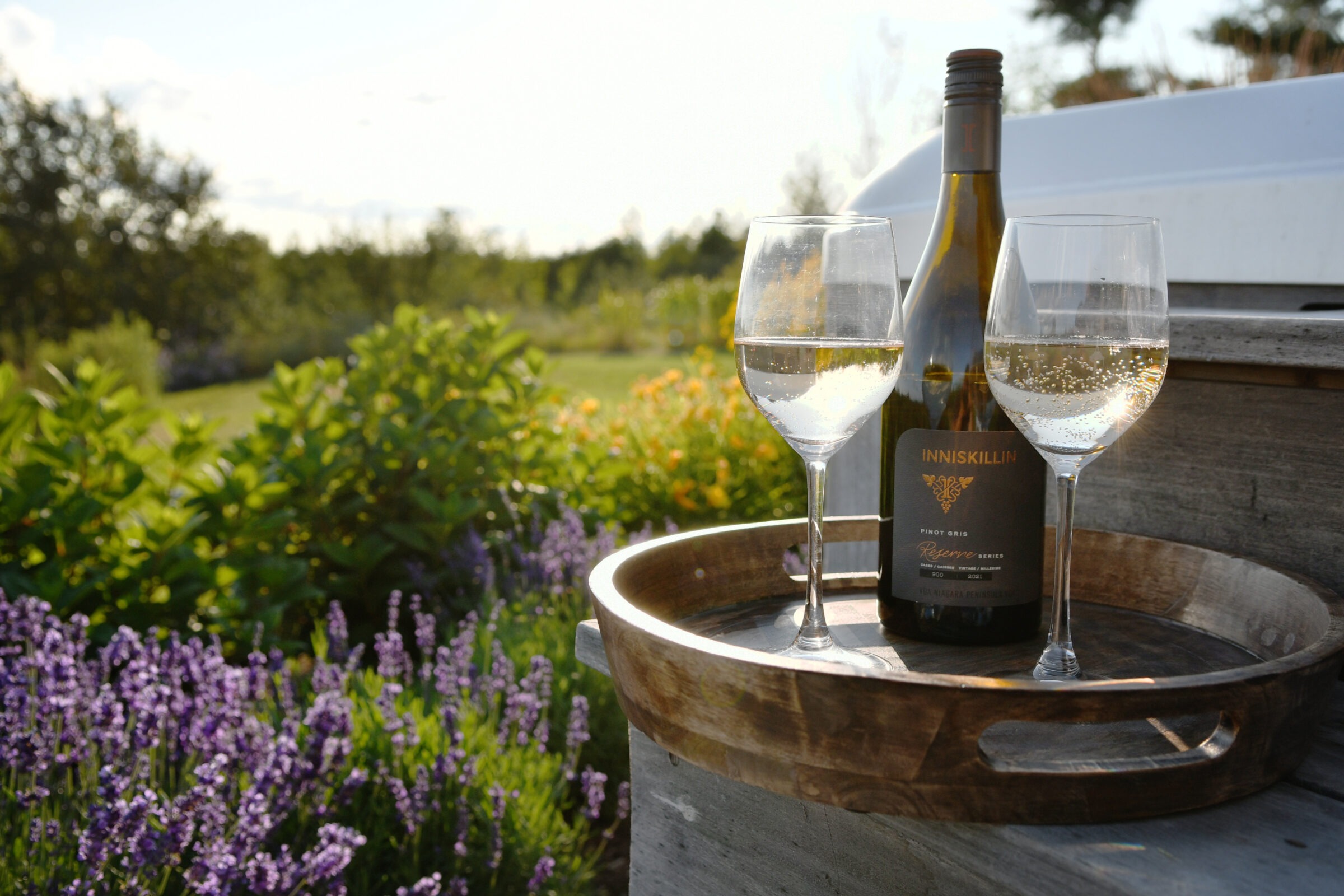 A bottle of wine and two glasses sit on a wooden tray, surrounded by purple flowers and greenery in a garden setting.