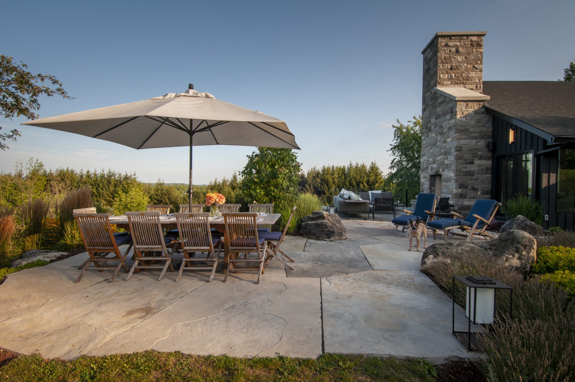 Spacious patio with wooden dining set, large umbrella, and stone fireplace, surrounded by lush greenery. A dog stands beside lounge chairs.