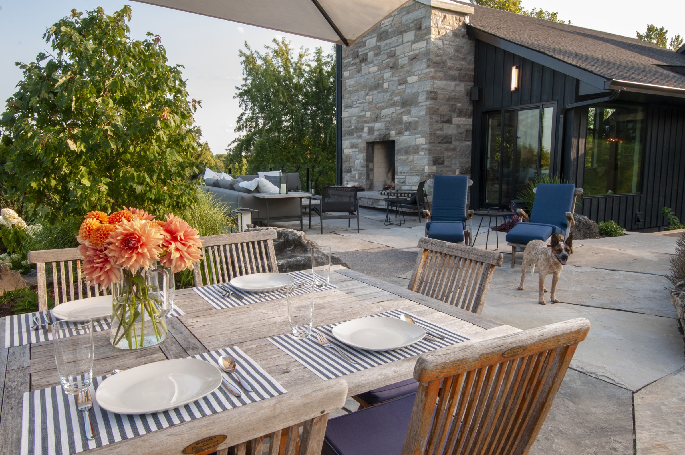 Outdoor patio scene with a wooden dining table set, flowers, lounge chairs, dog, and modern stone house surrounded by lush greenery.