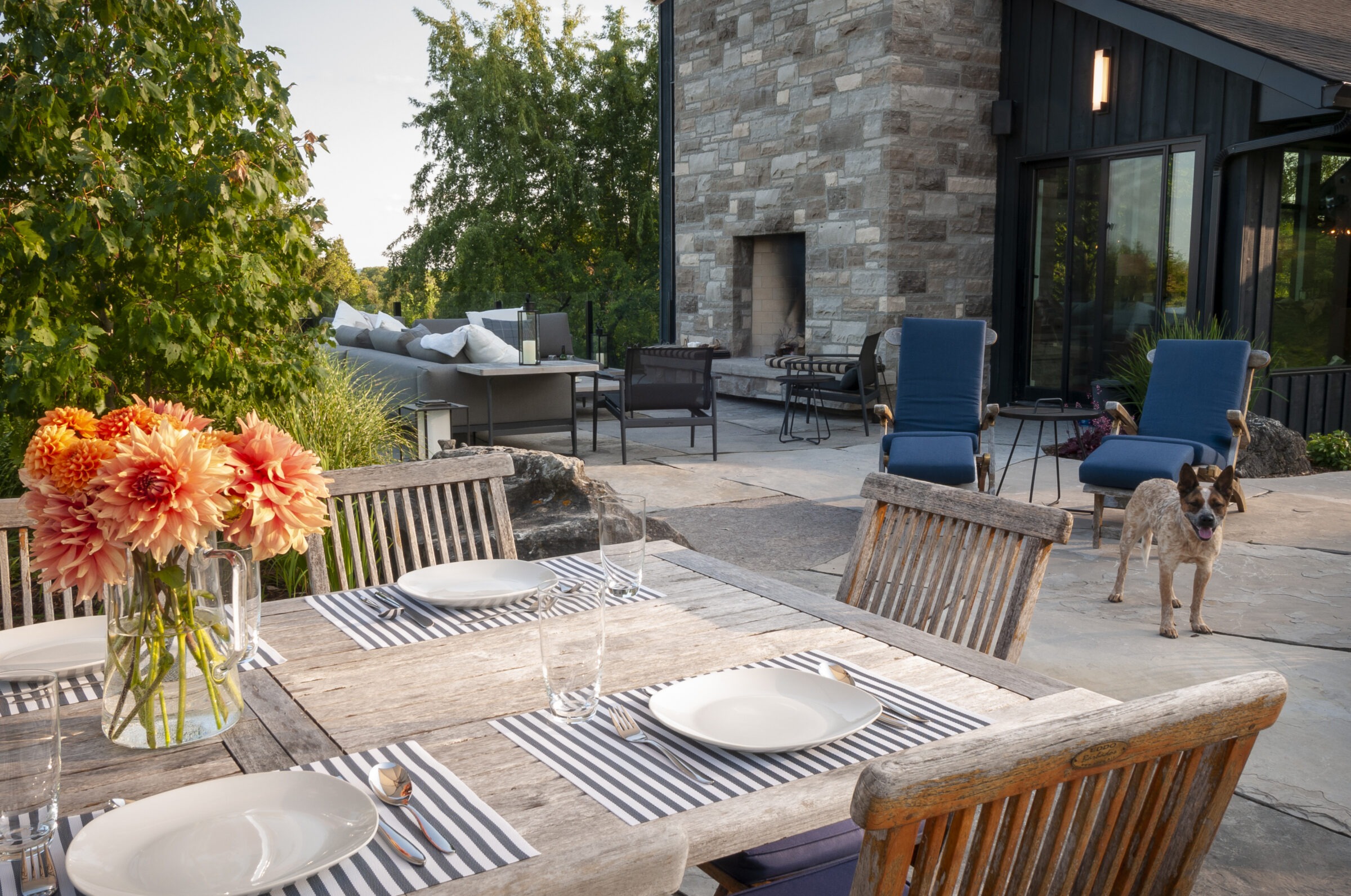 A scenic patio features a set table, lounge chairs, a fireplace, vibrant flowers, and a dog standing, surrounded by lush greenery.