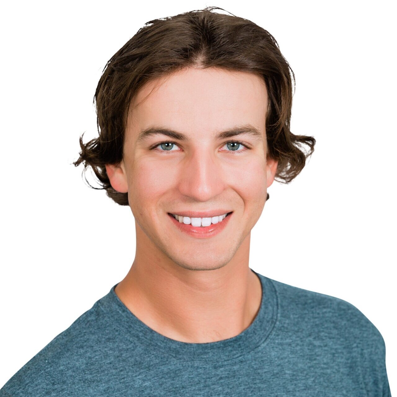 A person with medium-length hair smiles, wearing a gray t-shirt with "Whispering Pines Landscaping" logo, set against a plain white background.