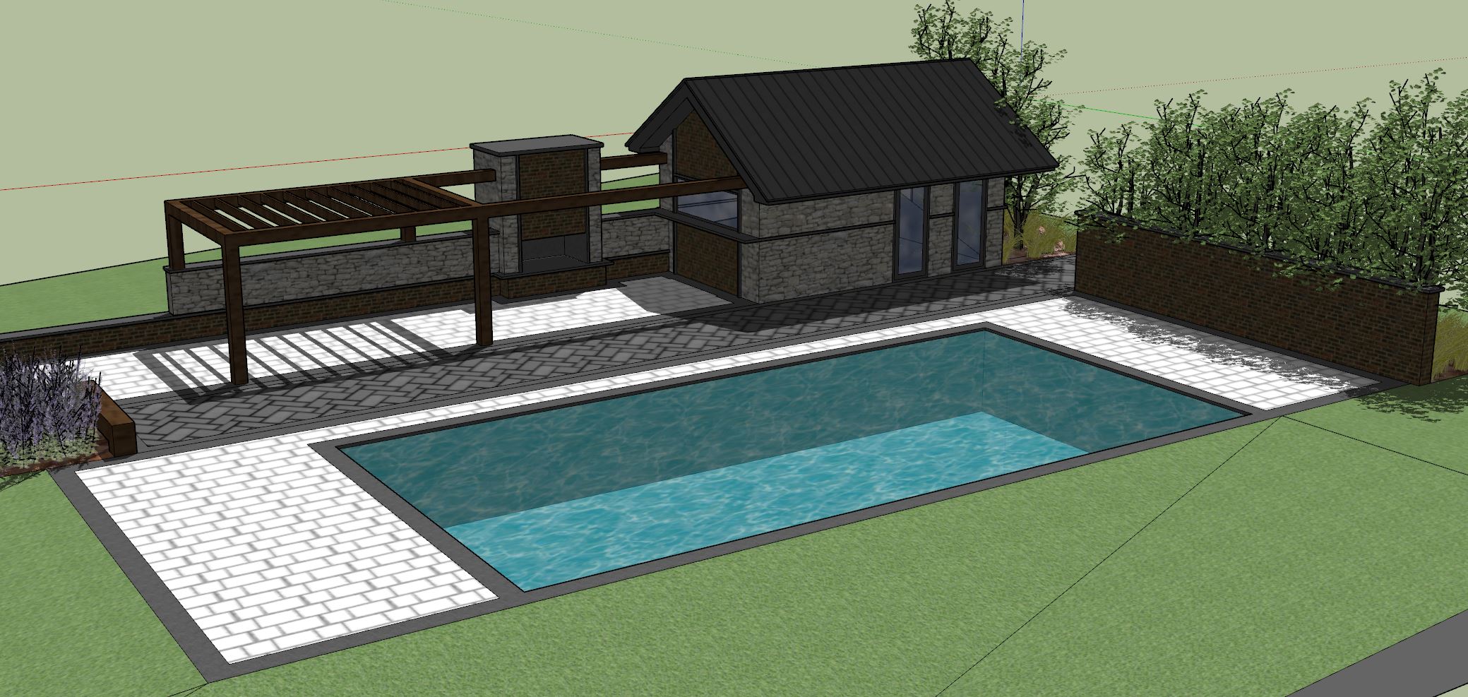 Modern backyard design with a pool, small building, pergola, and paved walkway, surrounded by greenery and fencing.