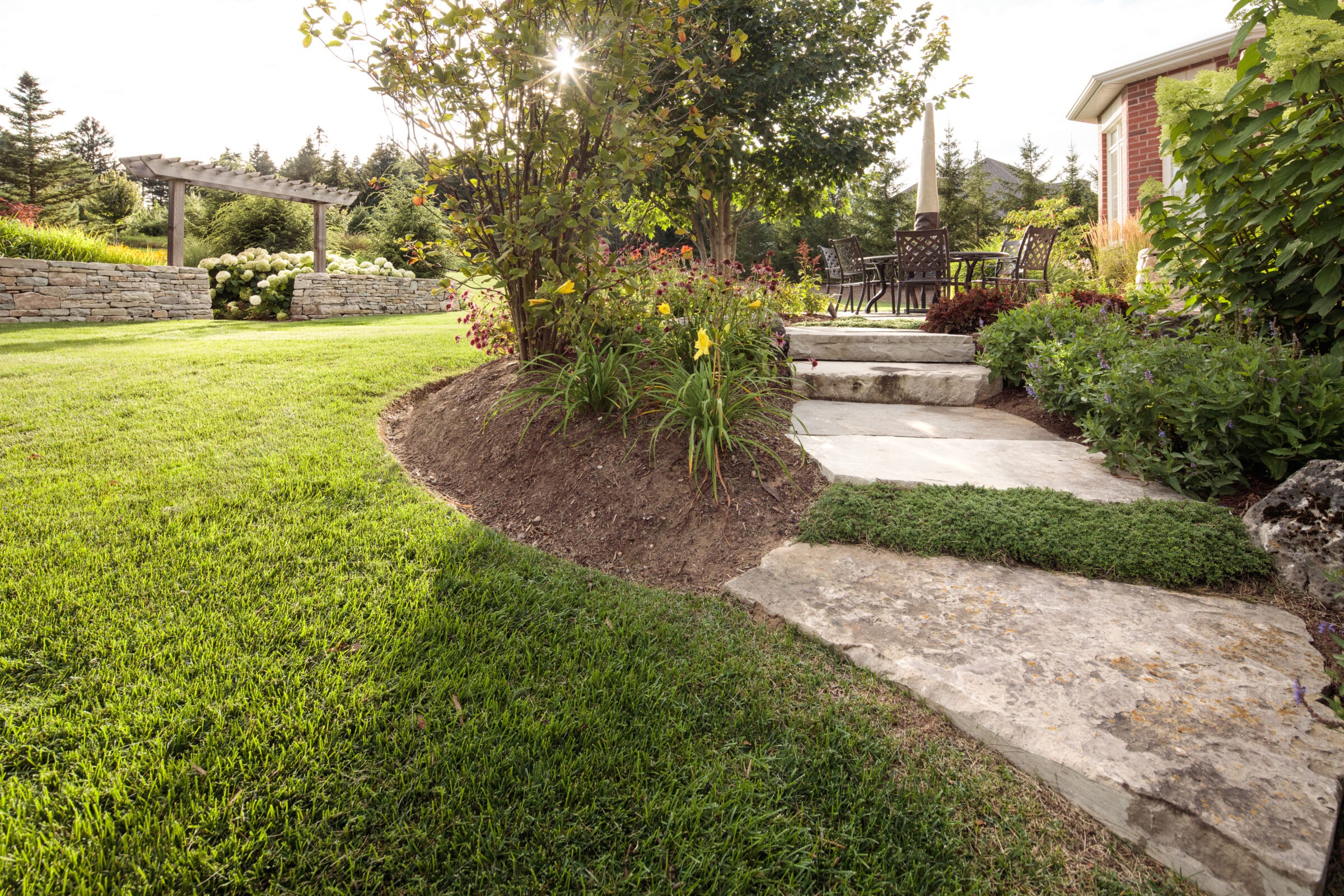 Sunny garden with stone path, lush grass, and patio furniture beside a brick house. Wooden pergola and diverse plants enhance the serene landscape.