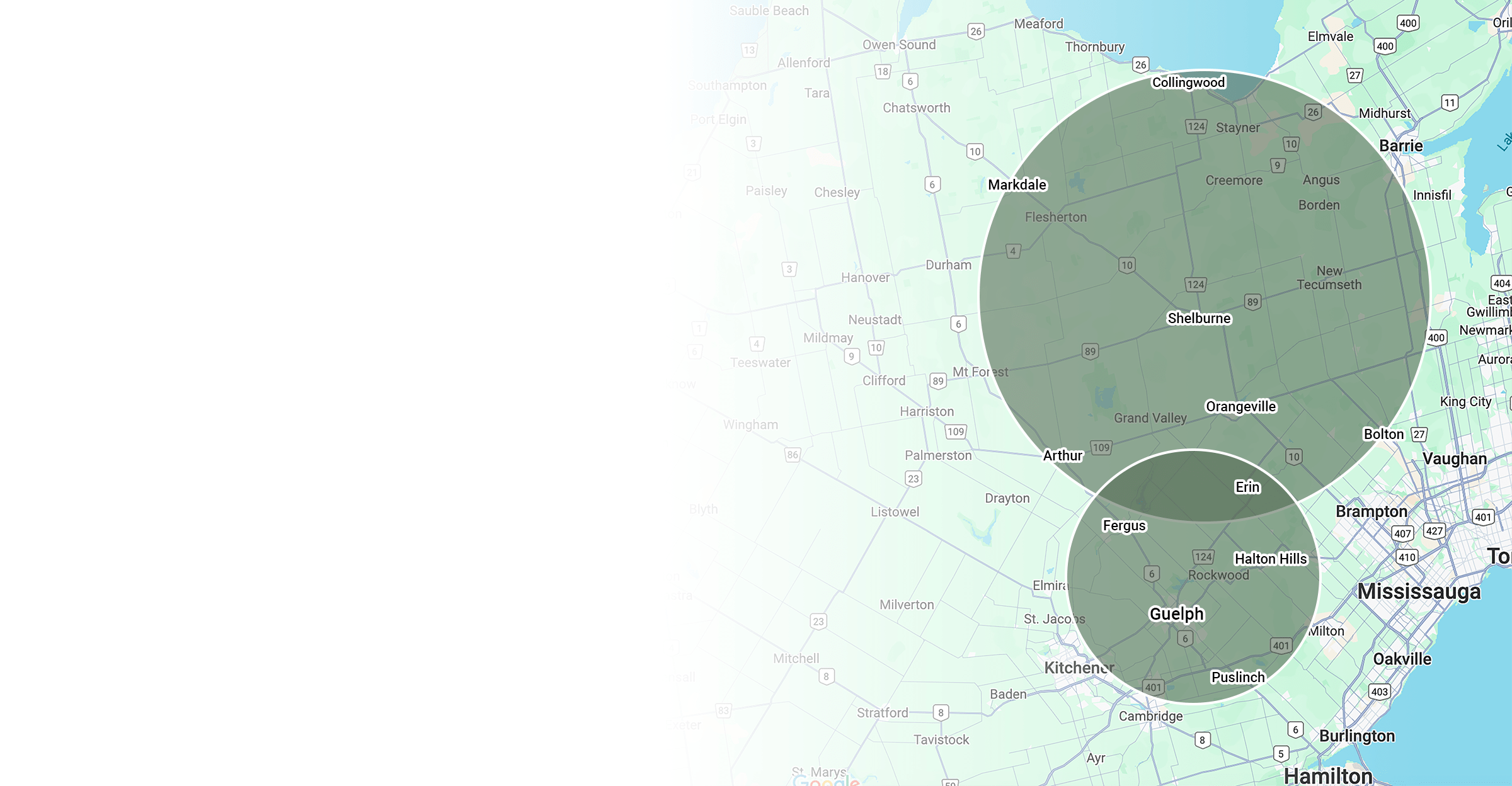 Map displays the areas around Guelph, Mississauga, and Collingwood, highlighting towns like Shelburne and Erin with large circular overlays.