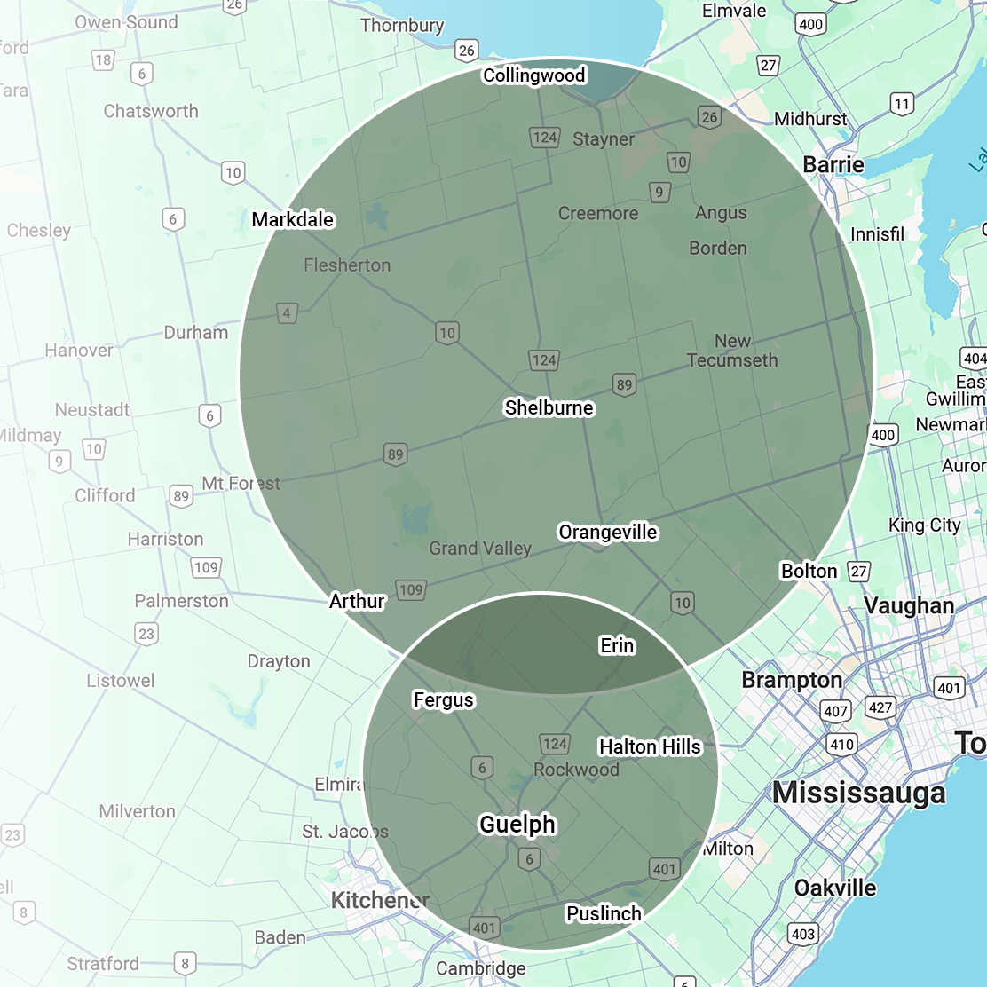 Map showing southwestern Ontario, including cities like Guelph, Kitchener, and Fergus. Circles highlight areas around these locations, near Toronto and Mississauga.