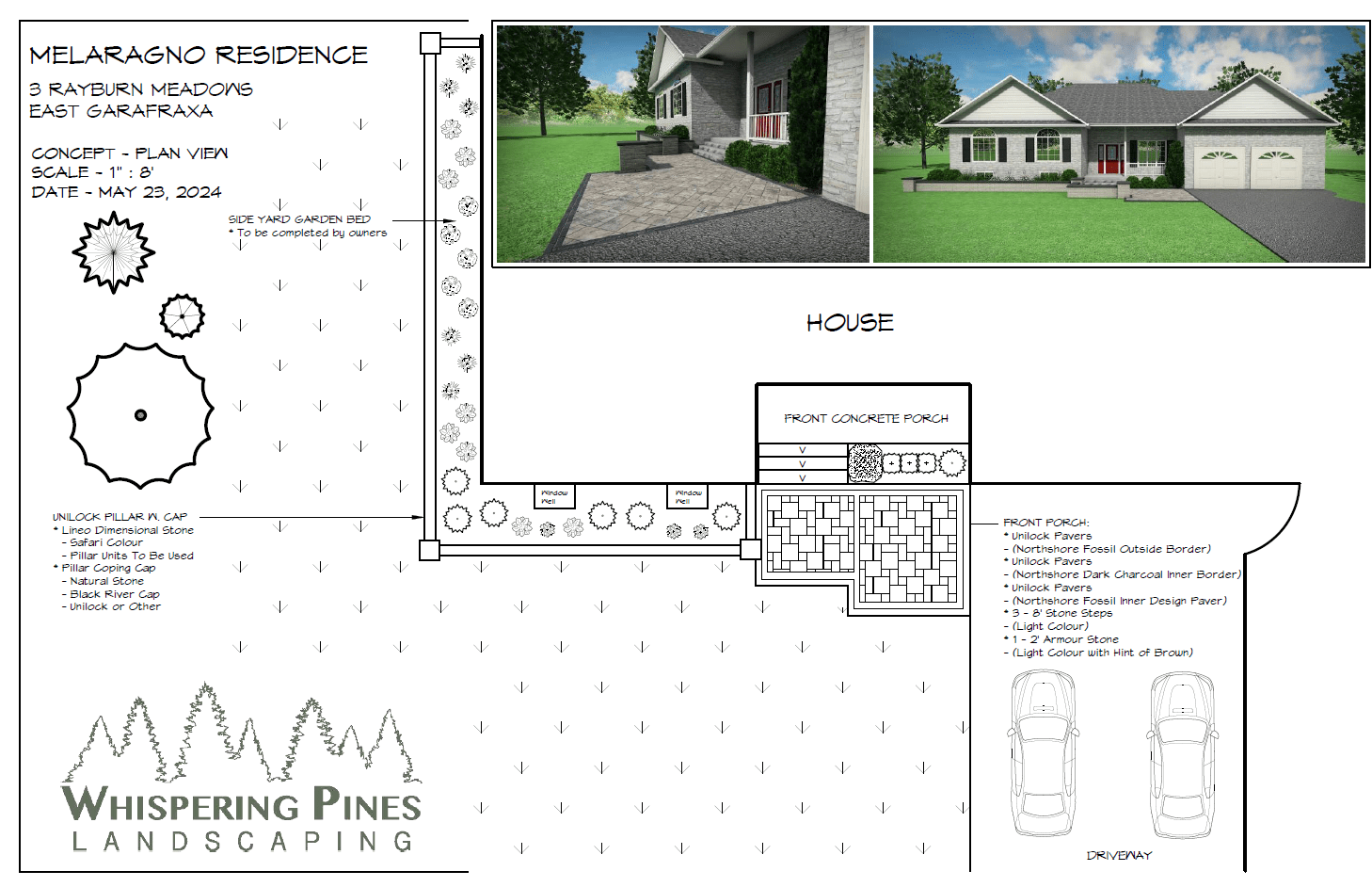 Landscaping plan for Melaragno Residence, featuring garden beds, concrete porch, and driveway design by Whispering Pines Landscaping, dated May 23, 2024.