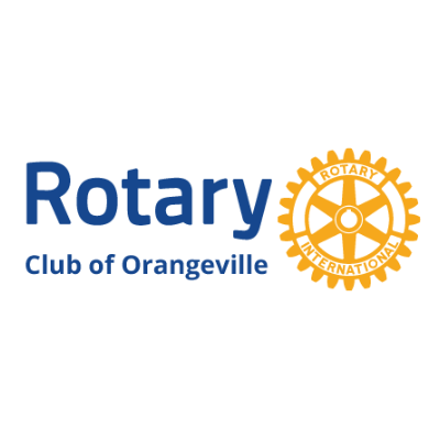 Rotary Club of Orangeville logo featuring blue text and a yellow gear emblem symbolizing Rotary International, conveying community service and global connection.