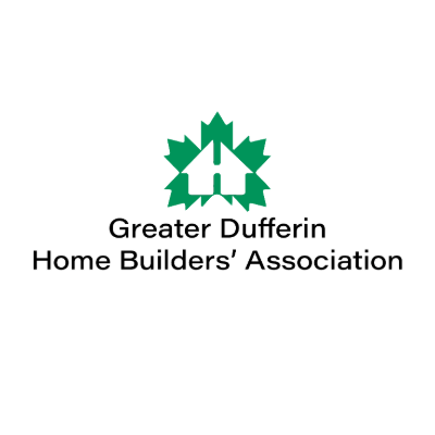 Logo of Greater Dufferin Home Builders' Association. Green maple leaf with house symbol inside. Black text underneath. Simple white background.