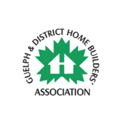 Logo of the Guelph & District Home Builders’ Association, featuring a green house within a maple leaf design, with bold black text encircling it.