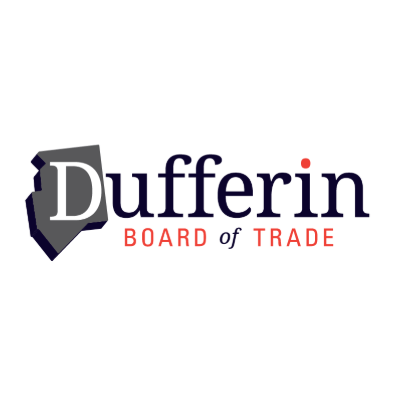 Logo for Dufferin Board of Trade with stylized text. Grey map shape behind "D". Red accent on "i". Clean, professional design.