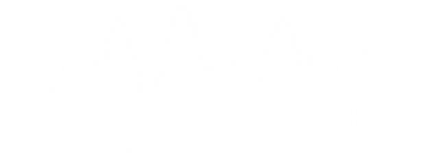 The image features a logo for "Whispering Pines Landscaping" with pine tree silhouettes on a green background.