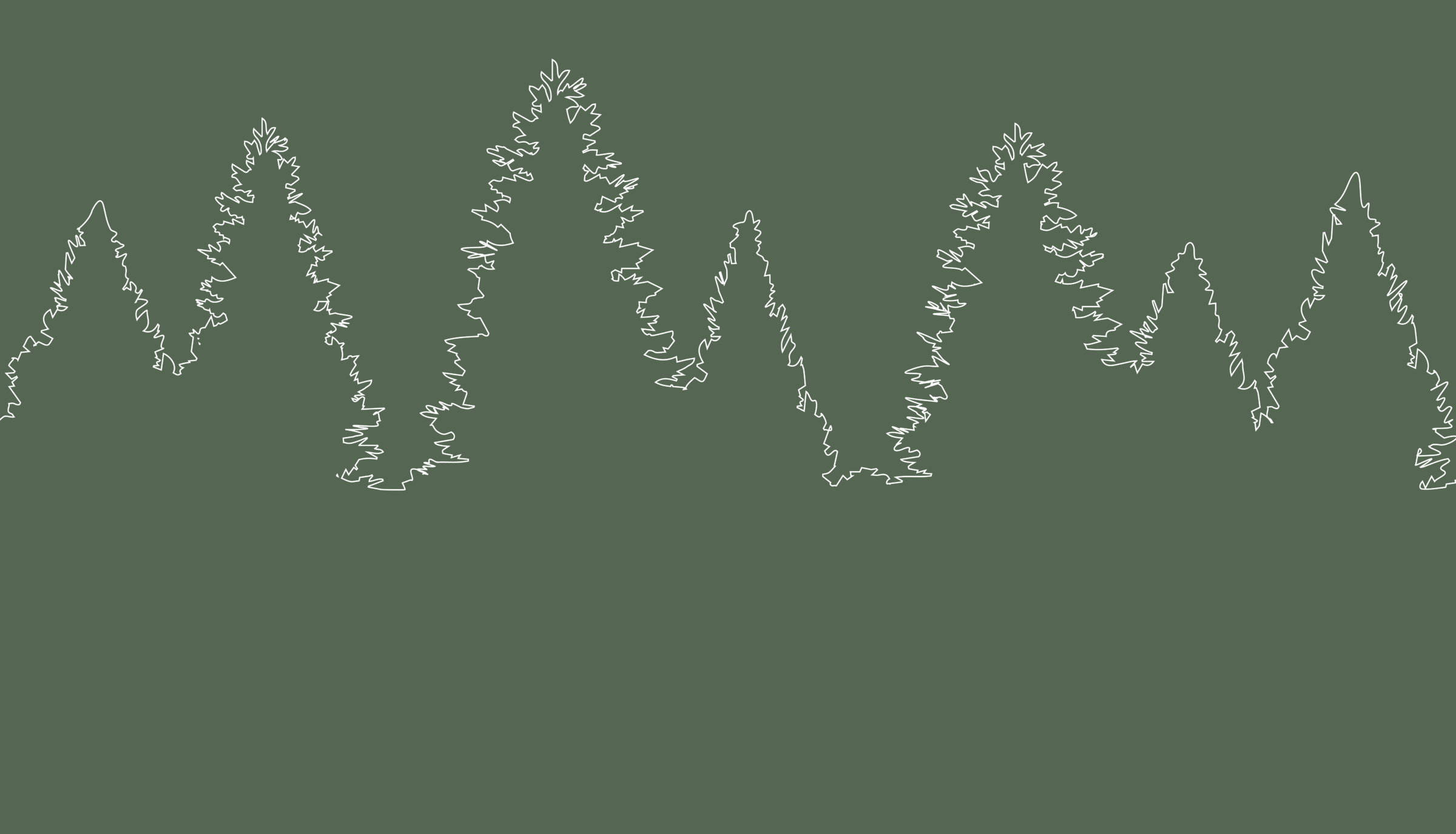 A minimalist graphic of mountain peaks and trees forms a simple landscape silhouette, using a single line style on a green background.
