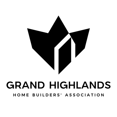 Logo of Grand Highlands Home Builders’ Association, featuring a black geometric abstract mountain and house symbol above the organization’s name.